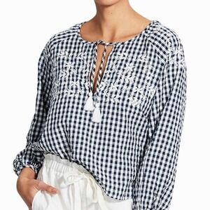 Seafolly Australia Ally Gingham Top Women Small Embroidered Plaid‎ Peasant NEW